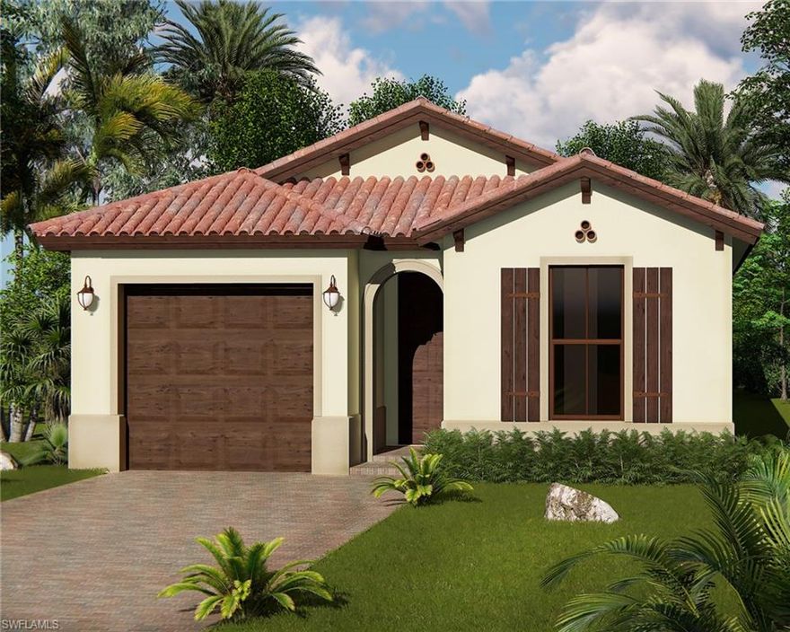 One of the most desirable floor plans in Coquina at Maple Ridge, this Fernwood lake home under construction now will be ready in March.  Start the New Year in a brand new home!  Mediterranean exterior, brick paver driveway and walkway, interior features include high volume ceilings, wood cabinets in kitchen and bathrooms, granite countertops in kitchen, stainless steel appliances, washer/ dryer included too.  Enjoy Ave Maria living at its best - shopping, dining, picnic areas, parks, waterpark, gym, dog park, ball fields, biking and jogging paths and much more!  New amenity center opening soon!