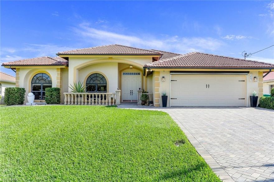 Beautiful Contemporary, European flair in this large Gulf Access Pool Home located in the highly preferred southern section of SW Cape Coral. Great home for vacation, spending the winter, or year round! Over 2,000 sq ft. Open floor plan with large sliding glass doors joining the indoor and outdoor areas into one huge space for entertaining and your enjoyment overlooking the wide canal and pool. Even the entry includes room to enjoy beautiful SW FL. Many updates including a remodeled kitchen, all tile floors, newer AC unit (2018), whole home RO system, and solar panels for heating the saltwater pool. The large garage has multiple storage cabinets, perfect for hobbies or the do-it-yourselfer! The electric drop down screen keeps the garage cooler, plus there are directional fans to make those warm days more enjoyable while working on whatever desired.  The wide 20 ft plus paver driveway provides more parking than typical, allowing 3 rows across. Located in one of the best neighborhoods, close to the most upscale restaurants and watering holes, by boat or car, including Cape Harbour, Tarpon Point, many restaurants, and the continually growing downtown area.  PAID Utility ASSESSMENTS!