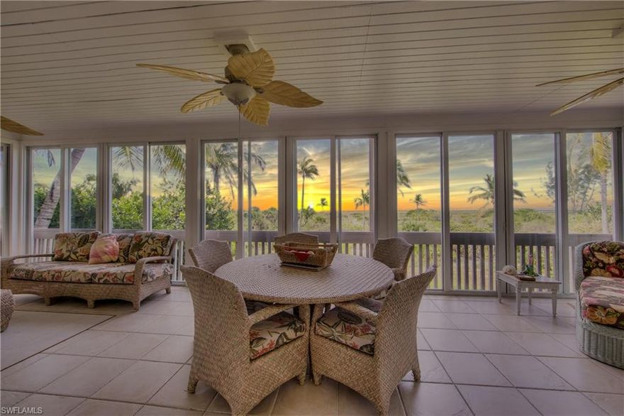 GORGEOUS GULF RIDGE! A custom built 4 bed+loft, 4 bath, two-story home set on a 2+ acre beach site with incredible panoramic views of the Gulf of Mexico. A backyard oasis of water, sand, and a canopy of palm trees; a perfect complement to the surrounding environment. A home built like a fortress with extra support pilings, metal roof, and impact glass. Step inside and witness this expansive floorplan boasting a beach-front sunroom with sliding impact doors, multi-level decks with immaculate sunset views, top floor loft/den with private balcony, all-level elevator, and a living room designed to have the feeling of unfolding with vaulted ceilings, fireplace, and skylights. A separate 2+ car garage with ample room for vehicles, storage, and much more. Gulf Ridge is a community on the West-End of Sanibel with 52 private homesites and offers multiple pools, tennis courts, and beach paths.  Perfect serene environment to enjoy the sun, water, and nature!