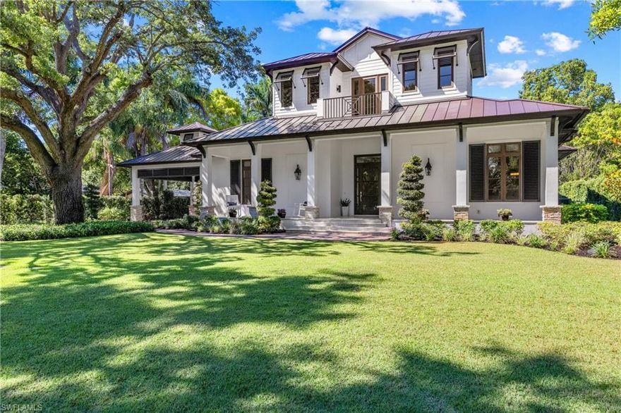 Stunning modern home, designed by Richard Guzman and custom built by luxury homebuilder, Gargiula Construction. Located in one of the most sought-after neighborhoods in Fort Myers. This home is west of McGregor Blvd, one block from the Caloosahatchee River. Only 1.5 miles to the Downtown River District home to shopping, dining, and festivals. Construction features concrete block, standing seam metal roof, PGT hurricane windows and doors, high volume ceilings, and hardwood flooring. There are 4 bedrooms and 4.5 bathrooms. The master suite is the entire second floor with two private balconies and two walk-in closets. The kitchen includes an oversized island, marble countertops, and upgraded appliances. The open concept design embodies Florida living with natural light and sliding glass pocket doors that open fully to a private tropical paradise. Complete with an outdoor kitchen, fireplace, covered seating area, custom pool and spa, and fenced yard with privacy shrubs. The adjoining private casita includes a kitchenette and full bathroom. Home furnishings and golf cart are negotiable.