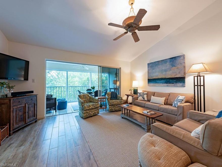 Run, don't walk to see this adorable, second floor condo with cathedral ceiling in great room.  Fully furnished for the lucky buyer. Watch sunsets from the year-round lanai. Chanteclair is a charming, small community within walking distance to the beach and shopping at the Waterside shops, the Artis for performing arts. The community center features a state-of-the-art exercise room with personal training and spa. Tennis is a favorite sport of Pelican Bay. Chanteclair has a book club and monthly pot luck dinners to gather with neighbors. You will find living here year- round or seasonally the best decision you have ever made.