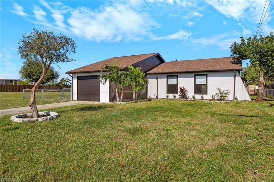 Enjoy the Florida lifestyle here in this 3 bed 2 bath Cape Coral home close to the VA Hospital. Primary bedroom has ensuite bath and sliders to screened lanai. Two additional bedrooms share upgraded full bathroom.  Newer roof, fresh paint and washer/dryer included.  Large backyard with plenty of room for a pool.