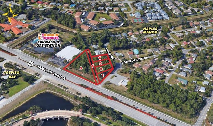 UNDER CONTRACT-Rare opportunity, assemblage of six C-4 lots total of 2.15 acres on East Trail, across from the 1,800-unit golf course community of Treviso Bay, between Rattlesnake Hammock Rd and Collier Blvd. The lot has 3 frontages of 327’ on US 41, 171’ & 180’ on Dixie Dr. Zoning allows several commercial uses, namely Storage facility (Conditional Use), Hotels/Motels, Fuel Station, Car Wash, Retail and Offices.
Lot 1=5201 Dixie Dr=62040400006
Lot 2=5205 Dixie Dr=62040440008
Lot 3=5209 Dixie Dr=62040480000
Lot 4=5213 Dixie Dr=62040520009
Lot 5=No Address=00439480000
Lot 6=No Address=62040002006
