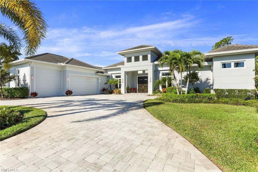 This luxurious coastal contemporary home is a design-build with the upgraded features - a private sanctuary overlooking the 16th fairway of par 4, with a modern aesthetic and entertainment options at the forefront. Exceptional artwork, trendy grey 24" x 24" tile, game room, nine TVs, fireplace, study, utility room with two sets of washers and dryers, and a pantry completes the home. The gourmet island kitchen features white granite countertops, Elmwood cabinetry, double ovens, microwaves and dishwashers, a Thermador refrigerator, frameless induction cooktop, a wine cooler, ice maker, and garbage disposal. The dining area offers an island wet bar, water purifier, and refrigerator. The master retreat with sitting room, tile, remote shades, and walk-in closets has an en-suite bath; guest beds are also en-suite. This outdoor entertainment mecca offers pool upgrades, sun shelf, spa, premium grill, refrigerator, pool alert system, LED lights, electric shutters, and outdoor lighting. A 3-car under-air garage, speaker system, fire, security, and surveillance systems are included. A gated community, world-class amenities - fitness center, golf, racquet sports, and social calendar - awaits.