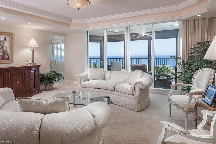 This is a fabulous, newly updated large three-bedroom-plus-den penthouse providing outstanding views of the Gulf of Mexico, Pelican Bay and Golf Club from two large, top-floor terraces. Comprised of 2900 square feet of exquisitely presented living space, accommodations include three-and-one-half bathrooms, a separate dining room and large living room. Combining all of the amenities of Pelican Bay together with the numerous in-house services of The Marbella, this residence is the ultimate in Naples living.