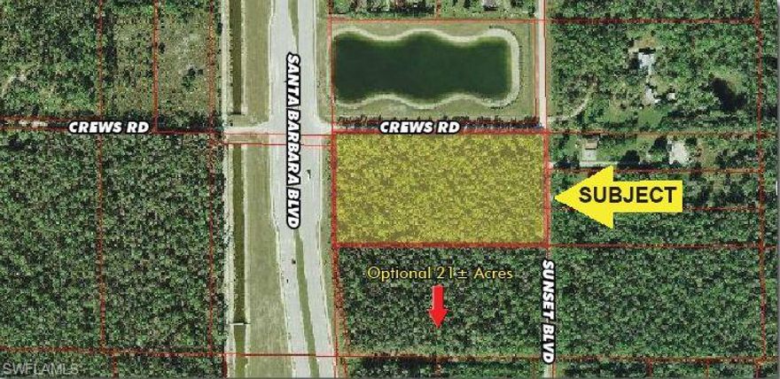 5 acres potential Multi-Family land, fronting Santa Barbara Blvd to west, Crews Rd to north and Sunset Blvd to east, at the SE corner of Santa Barbara Blvd and Crews Rd, overlooking the County Water Management Lake. Currently zoned Agriculture, located in the Santa Barbara Blvd-Davis Blvd “Density Band” and may qualify for “In-Fill” bonus. Potential of accommodating 10 units/acre conventional units and 16 units/acre “affordable”, based on maximum “eligible” density and not an “entitlement”, subject to availability of utilities. Purchaser to verify the actual density with the County.
Adjacent 21 acres may also be available. Please contact the listing agent for detail.