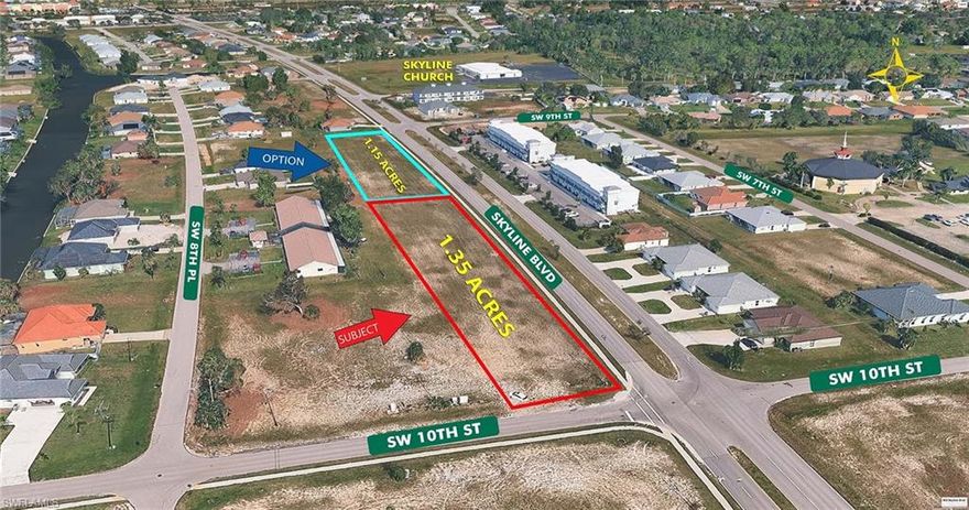 This 1.35± (with option 2.53) acre 12 lot, 3 parcels (with option 21 lots or 8 parcels) commercial lot assemblage offers 480’ (with option 880') of prime frontage along Skyline Boulevard and 125’ on SW 10th Street, with 23,000 AADT for maximum visibility. The northerly 1.15 acres lot is also for sale at $465,000. See ML 225070947. Both packages are Zoned C (Commercial-City of Cape Coral) and Future Land Use CP(Commercial Professional), and are ideally suited for a variety of developments, including retail, fuel/electrical vehicle charge station, office, medical, or mixed-use projects. Strategically located ½ mile south of Island Boulevard, and 2 miles north of Veteran Pkwy, this site offers excellent accessibility and convenience, with proximity to major businesses such as Farmer Joe’s, Publix, Carrabba’s, Bonefish Grill, USPS, self-storage facilities, fitness centers, gas stations, and multiple restaurants. There is currently $25,206 outstanding Utility Assessment due on this property that the Buyer should assume.