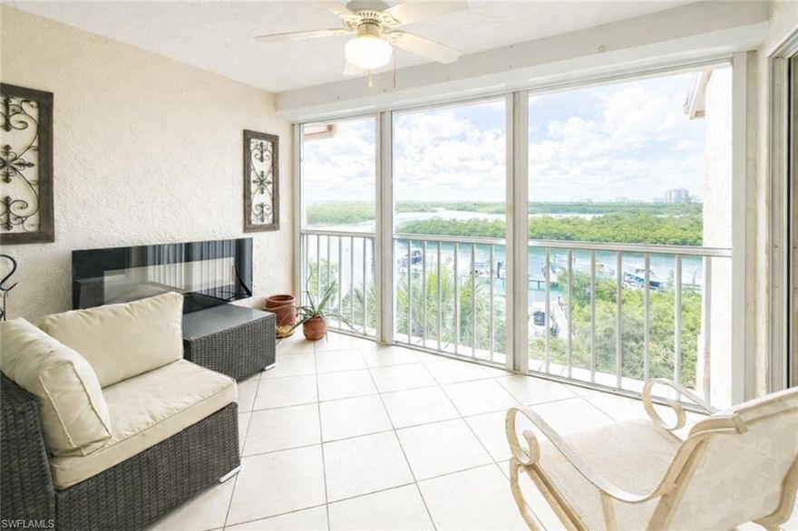 Looking for a penthouse condo with killer water views? Look no further! This top floor updated 2 bedroom condo comes turnkey and new impact windows on the way! Wiggins Bay is a fabulous place to live and you can join a private beach & racquet club for the lifestyle you are seeking! You will love the high ceilings while gazing out to Wiggins Bay with a sought after SOUTHERN Exposure! Covered parking space is included! Move right in to this turnkey unit or start renting it right away for income - there is never a shortage of people looking for a well located seasonal rental! Rear impact  windows are budgeted and will be paid for prior to closing and your screened-in lanai comes equipped with an electric roll down shutter! Wiggins Bay is a guard gated community west of US-41 and a quick bide ride to 2 amazing beaches! Relax by your pool, enjoy the sun and start living the SW Florida lifestyle!