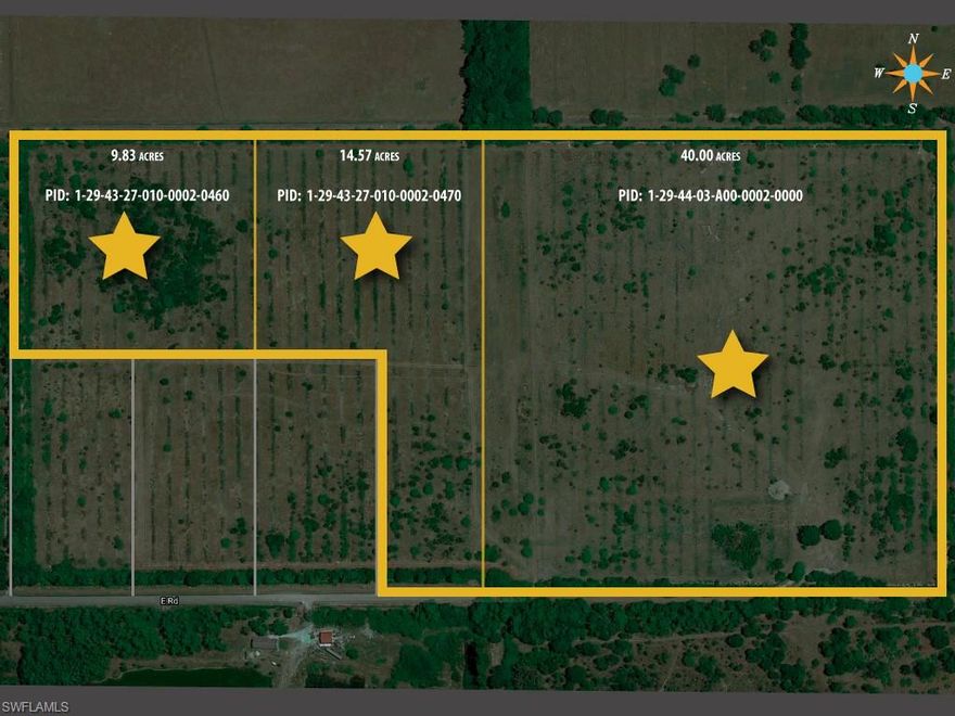 PLEASE NOTE THERE IS ONE TAX ID IN LISTING IN MLS AND THAT IS A 40-ACRE PARCEL. THE REALITY IS THAT THIS IS THREE PROPERTIES TOTALING 65 AC. THE VERY END OF E ROAD SOUTH OF LABELLE OFF HIWAY 29.
DO NOT WALK ON PROPERTY AS THERE ARE CATTLE IN THE FIELDS . ONE IS A BULL. MORE INFO IS AVAILAVLE
