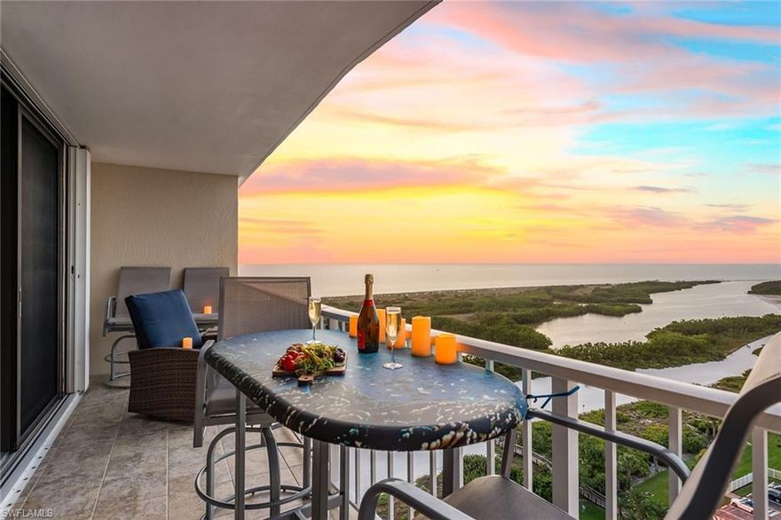 Ideally redefined in 2018 by Paradise Design Build, this exquisite 18th-floor beachfront luxury condominium showcases unparalleled views of the Gulf of Mexico, beach, bird sanctuary, Big Marco Pass, Keewaydin Island, Marco and Naples skyline and year-round sunsets. High-quality renovations include new kitchen, new baths, new electrical panel and wiring, new plumbing, new impact glass sliders, new frameless shower, new custom cabinetry, new high-end KitchenAid appliances, new Kohler and Moen fixtures, new quartz and new porcelain tile flooring with marble and glass tiles. Rebuilt dual partition walls in the living room and bedroom to reduce sound transmission. Offered turnkey furnished including beach cart and two bicycles. Owner’s suite features beautiful shiplap and a walk-in closet with safe. The building has been updated including lobby furnishings, keyless entry and professional gym. On the interior with no catwalk on the quiet side of the building with storage and laundry on the floor for convenience. South Seas residents enjoy guard-gated entry, pool, tennis, pickleball, bocce, shuffleboard, covered parking with EV charging, boat docks and private beach access.