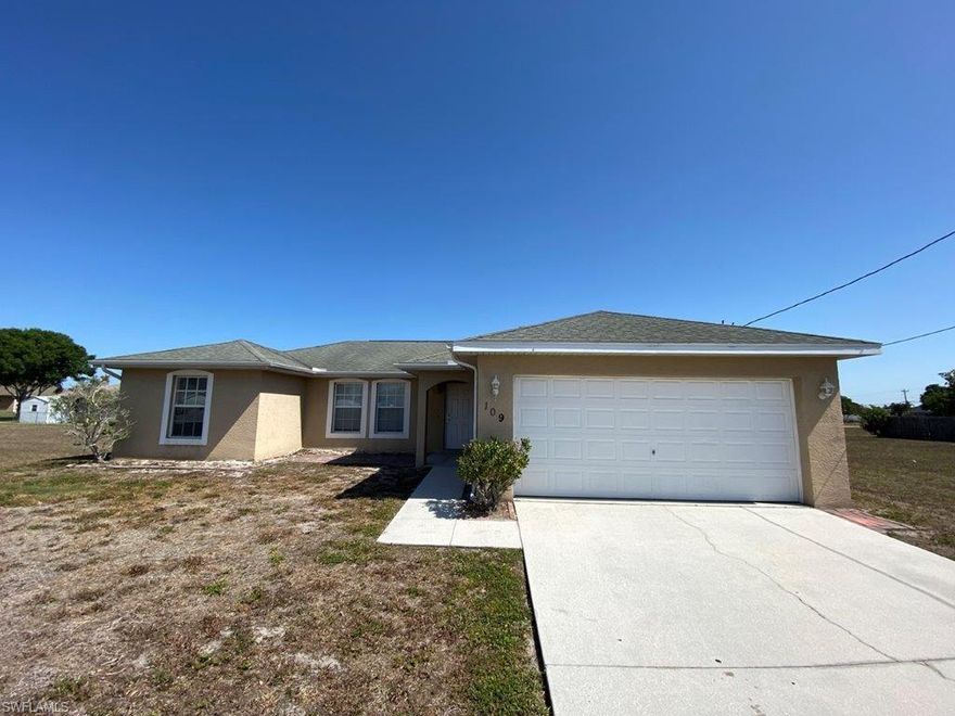 Welcome to this Beautiful Home located in Cape Coral! This Single-Family Home Features 3 Bedrooms, 2 Bathrooms Totaling 1,269 Square Feet. This Wonderful home comes Move in Ready, this is a great room plan, Perfect for Entertaining and has Large Windows giving you a ton of Natural Light. Plus – Fans in Great room, all Bedrooms, also has Blinds throughout.  Great Location you are Located Minutes from Entertainment, Shopping, and Recreations. You do not want to miss this home!