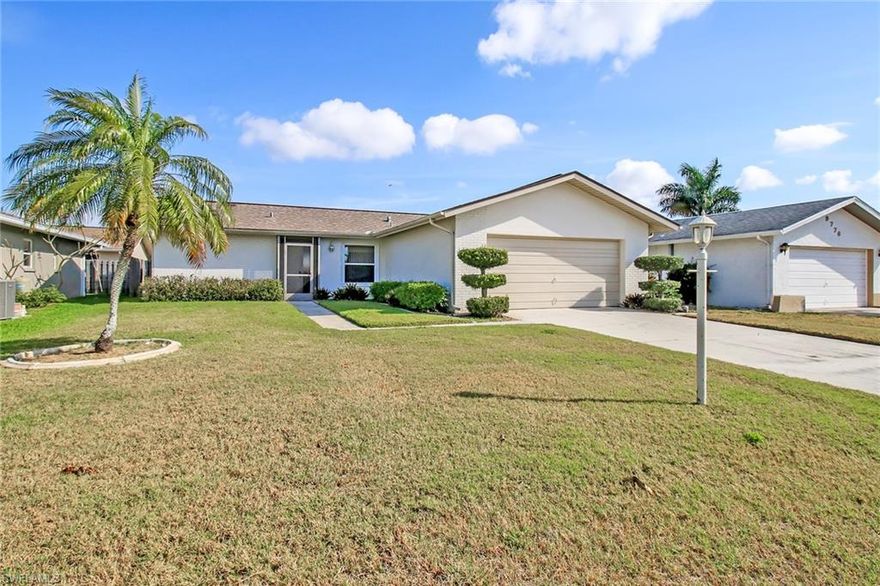 South Pointe South is the best-kept secret in the Ft Myers area with exceptional value for a single family home. Well managed community with LOW HOA fees. This property is offered, TURNKEY. Home has been well maintained, bright and light throughout. Spacious kitchen with window to the very private backyard. Large Master offers a walk-in closet and a comfortable bathroom. Bathrooms have granite countertops. Great room offers sliders that lead to the large cover lanai. Good sized 2 car garage, ideal for storage too. There is a community pool with lots of activities, clubhouse, and private roads. This will be a great year-round home or winter retreat.