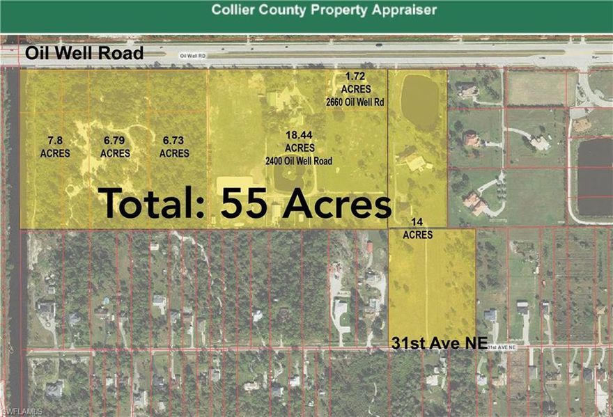 18.44 acre parcel available within 55-acres available! Great for a development project - so many possiblities to build on this 55 acre property! The land is currently zoned residential. 

This unique property includes 18 completely cleared acres, a large home, oversized workshop, horse barn, pastures, a fully stocked pond and more. The home offers 4-bedrooms, 3-bathrooms, all with high ceilings, a living room, and an open kitchen and family room area – perfect for entertaining. The home features beautiful oversized windows and sliding glass doors, giving you a beautiful view of the backyard and gorgeous sunsets. A new metal roof was installed in 2016 and matches the roof of the oversized warehouse.  

A well-appointed concrete block warehouse was built in 2004, it is 3,360 square feet (70 ft. x 48 ft). This custom-built building features 3 oversized garage doors, lighting, a bathroom, and windows. 
The property also included a 10-stall horse barn, at 2,640 square feet. There are over 10 separate roaming areas as well as an oversized pasture. There is also another smaller barn structure with a concrete floor that is 840 square feet.  

Bring your family/business and start making new memories! Investors/builders welcome – property offers a potential commercial opportunity as it is near the intersection of Everglades Blvd and Oil Well Road.
