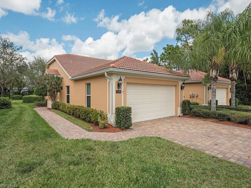 V.2454 - Comfortable and inviting Tuscany Cove pool home. Offering one of the largest yards that a Tuscany Cove villa has to offer!  Featuring high vaulted ceilings, upgraded floors, separate walk-in closets, dual sinks, stainless steel appliances, high impact windows and more! Relax on the covered lanai overlooking the pool. This is an amenity rich community with a beautiful clubhouse with a fully equipped fitness rooms, card room, billiards room, media room with big screen TV, social room and even a children's room.  Enjoy the resort style pool & spa, basketball court and two lighted tennis courts. There is also a kiddie pool with a splash fountain and a screened gazebo.