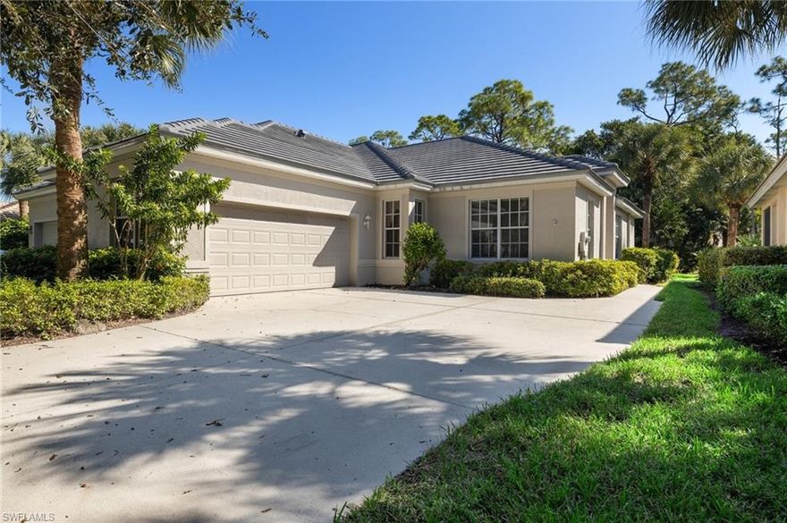 V.3056 - New roof was just installed in October of 2020!  New hot water heater (2020) and new ac was installed in 2016!  Wonderful opportunity to purchase this spacious attached villa in one of North Naples premier neighborhoods, Autumn Woods.  This furnished villa offers an open floor plan, living room with neutral tone wood flooring, kitchen with white cabinets and center island, large master suite with oversized closet, guest bedroom with private bath, den, and attached 2 car garage.  Relax on your screened-in and tiled lanai overlooking tropical landscaping and a spacious backyard. Autumn Woods is a gated community surrounded by numerous lakes, walking trails and preserve areas.  Enjoy the community clubhouse with pool, fitness, tennis courts, playground and basketball court. Located within a short distance to the beach, the shops & restaurants at Waterside and Mercato and in an A rated school district. Come and check out your maintenance free lifestyle today.