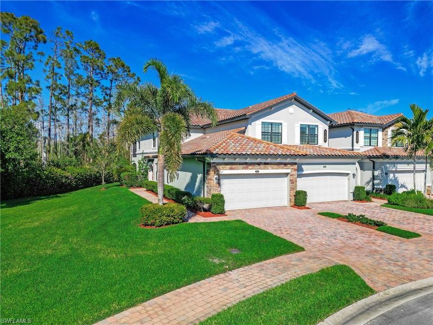 Private first-floor coach home located at the end of a cul-de-sac in Treviso Bay. This 3-bedroom, 2-bath residence features a split-bedroom floor plan and several interior updates. The kitchen includes white cabinetry, quartz countertops, a matching quartz backsplash, and stainless steel sink and faucet. The main living area opens to a screened lanai with views of the preserve and landscaped areas.
The primary bedroom offers two walk-in closets with custom organizer systems and an updated bathroom with a glass shower enclosure. Additional features include luxury vinyl flooring in all bedrooms, wainscoting and crown molding in select areas, and neutral interior paint.
Treviso Bay's resort-style amenities include a fitness center, spa, community pool, satellite pools, bocce, pickleball, tennis, clubhouse with dining, and the Arthur Hills–designed TPC golf course (seasonal access for non-members from May 1 to October 31). The community also offers mature landscaping and gated access. Conveniently located approximately 10–15 minutes from 5th Avenue South and 3rd Street South. Furniture is negotiable.