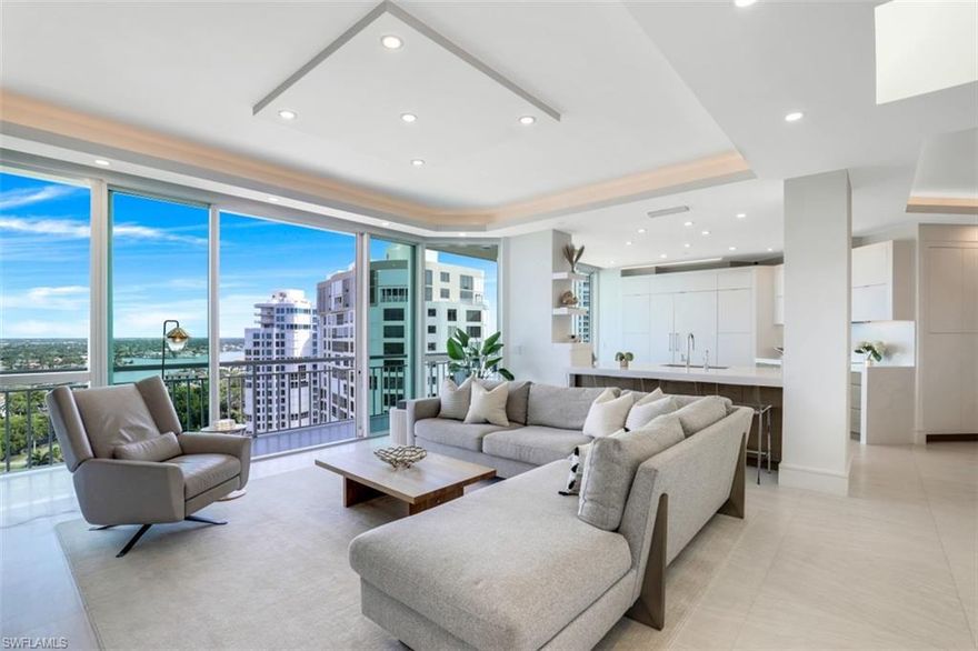 RARELY AVAILABLE PENTHOUSE in Bay Shore Place with floor-to-ceiling panoramic views of Venetian Village, Venetian Bay and Gulf of Mexico!  Upon entering this recently renovated 16th floor penthouse...You'll fall in love with the inviting open, bright sophisticated design, 9.6' floor-to-ceiling glass windows and sliders showcasing breathtaking views from every room!  The modern kitchen includes a large island for gathering, custom cabinetry, wine cooler and built-in Thermador appliances.  The primary bedroom has a spa-like shower with large soaking tub, plus walk-in closet with custom built-in cabinetry.  The additional two bedrooms have ensuite bathrooms and guests have access to a powder room.  Two premium parking spaces in the enclosed, lobby level garage plus a storage locker are included.  24/7 security.  Bay Shore Place in Park Shore has a stunning lobby, social room with fireplace and catering kitchen for events, fitness room, library/conference room, community pool/spa, and two large guest suites available to unit owners.  Residents have access to Park Shore promenade - a private 1.3 mile, lit, paved path to stroll along beach.  Owners are allowed two pets under 20 pounds!