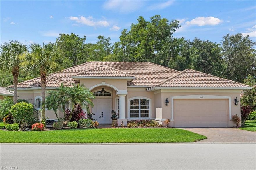 This home is located in the coveted Silverthorn section of the golf course community Hunter's Ridge, featuring the largest lots in the neighborhood. The 3 bedroom, two bath floorplan is nestled along a lush preserve area, so you can enjoy your pool and living areas in private while watching the birds and other wildlife in your own backyard. The two car garage has room for your golf cart, while the open kitchen layout with island is ideal for entertaining. Features include a solar heater for the pool, hurricane shutters, new A/C in 2021, and custom trayed ceilings. Social membership is included and can be upgraded to a golf membership if desired. Community amenities include a large swimming pool with a poolside cafe, club patio bar, fitness center, clubhouse, dining room and grill room, tennis courts, pickleball courts, bocce ball, golf simulators, and more. All of this is conveniently situated close to I-75, near the upcoming Bonita Midtown restaurant and retail development.