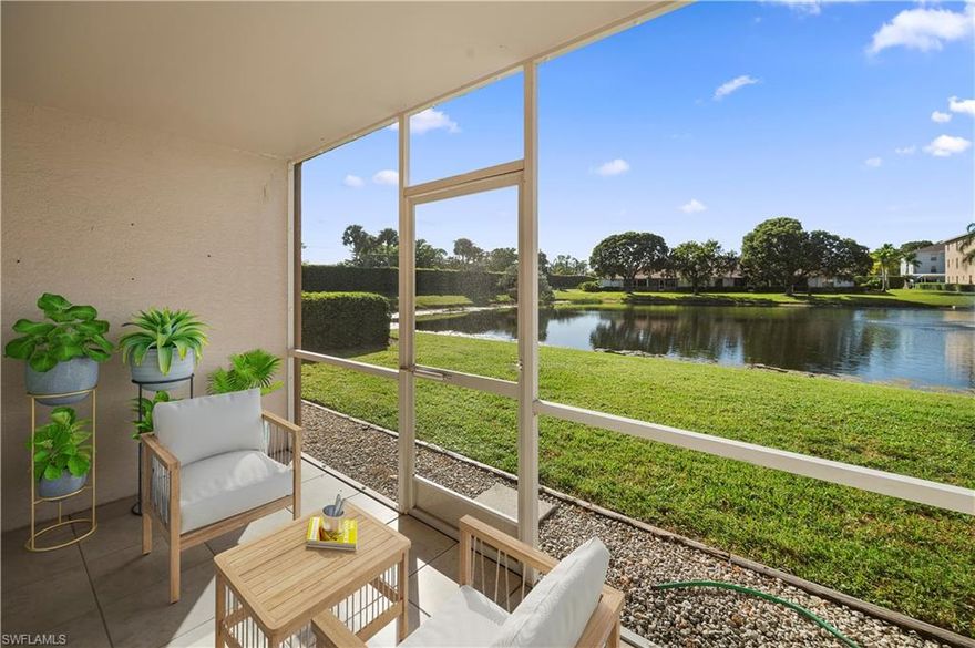Welcome to this charming 2-bedroom condo nestled in the heart of North Naples! This immaculate first-floor unit offers the perfect blend of convenience, comfort, and a prime location. As you step inside, you'll be greeted by an open and inviting floor plan, with a spacious living area that seamlessly connects to the dining room and kitchen. With LVP flooring throughout and a neutral color palette, this condo is ready for you to make it your own. The kitchen boasts stainless appliances, ample counter space, and a breakfast bar for casual dining. The master bedroom features a walk-in closet for ample storage. Enjoy your morning coffee or evening cocktails on the screened lanai, with Southern exposure overlooking the lake with water feature and serene surroundings. Accordion hurricane shutters along back patio slider and roll down hurricane shutters on all other windows provide storm protection. You'll be just a short drive away from the stunning Gulf beaches & world-class shopping and dining at Mercato. Don't miss the opportunity to make this lovely condo your new Florida getaway or year-round residence. Live the Naples lifestyle in comfort and style in this gem!