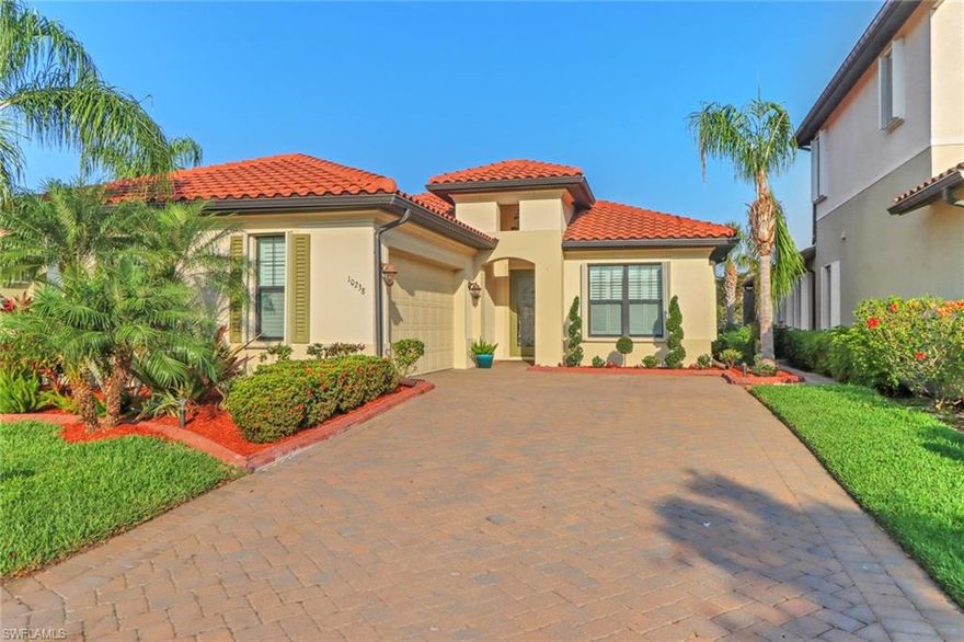 This stunning Gateway waterfront home in Hampton Park offers 2250 Sq Ft Lvg Space incl a Great room, 3 Bedrooms, Den, 2.5 Bath, Laundry room, a Chef's dream kitchen, an extended Screened Lanai w Summer Kitchen & expansive Sunset Views over the lake.  Hampton Park is a highly desirable Gated Community w Resort Style Amenities less than one block away.  This contemporary home features tons of storage, Custom Cabinetry, high  ceilings, arches, custom interior window shutters & tile thru out. The Large Kitchen opens to the great room incl wall to wall Granite counters & island bar,  pantry, upgraded built in appliances w new refrigerator.  Primary Suite incl Large bedroom, Walk-in-closet, primary bath w dual sinks, vanity w granite countertops. soaking tub, walk in glass shower enclosure.  2nd & 3rd Bedrooms have a Jack & Jill Bath, Split Floor Plan Privacy/Guests. New AC, New Alufab USA hurricane window shutters, front entry & lanai remote roll down shutters.  Gateway is located at the Highest Elevation in Ft Myers and minutes to RSW Airport, I-75, Shopping, Restaurants, & Beaches.