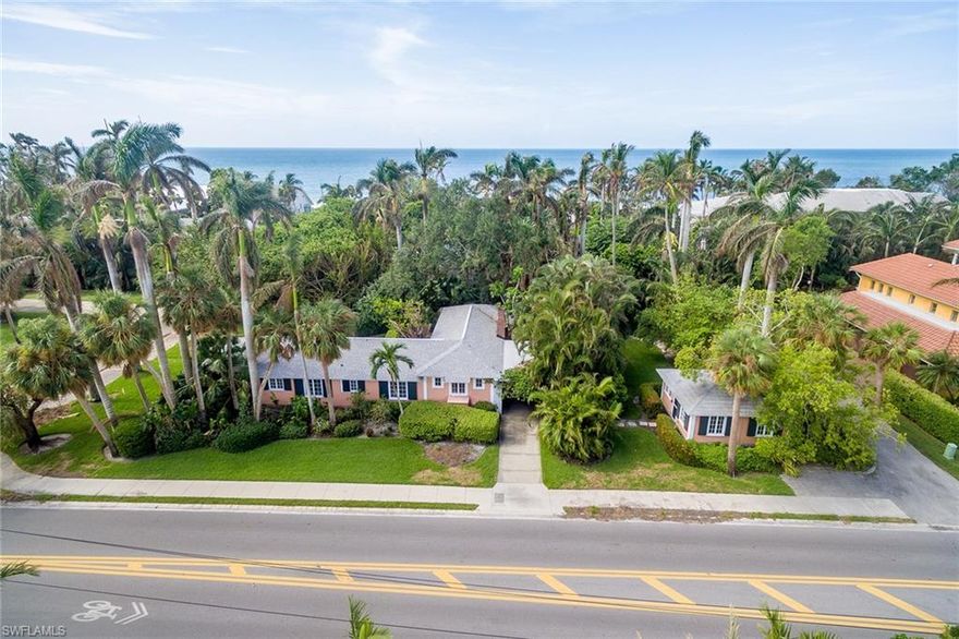 BEACH BLOCK. 2 houses from the beach. Oversized Olde Naples lot. It's rare to find a property of this size and location 108' x 150' . Alley access. Home and guest house sustained water damage during Irma and are being sold "As Is" as lot value. Seller does not warrant anything in home or guest house. 
Zoning Verification Letter, Elevation Certificate and Survey are uploaded in MLS.