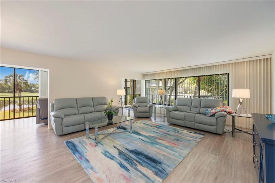 Perfect Naples Golf Getaway! Immediate mandatory Full Golf Membership available at Bear’s Paw Country Club—an exceptional benefit, in addition to the purchase of this property. This spacious, light-filled 3-bedroom, 2.5-bath condominium is ideally located in an elevator building, offering both convenience and comfort. Step inside to an open-concept floor plan(the largest condominium floor plan in Bear’s Paw), where two inviting living areas seamlessly connect to the dining space and kitchen—perfect for both relaxing and entertaining. Enjoy breathtaking panoramic southern exposure views of the golf course and lake from the glass-enclosed lanai, or step outside to the private open-air lanai to take in the beautiful surroundings. The residence features a well-appointed kitchen with a charming breakfast nook, Corian countertops, and durable vinyl flooring throughout. Residents of Bear’s Paw enjoy exclusive access to an impressive array of amenities, including a new state-of-the-art clubhouse and fitness center, a Jack Nicklaus Signature Golf Course, bocce courts, lighted pickleball and tennis facilities, a dog park, driving range, two putting greens, and a private marina with Gulf access. This gated, 24-hour manned community offers a scenic walking and biking path to downtown Naples and is just minutes from the area’s pristine beaches—placing you in the heart of everything Naples has to offer. Golf membership is mandatory, ensuring access to one of Naples’ most sought-after private golf communities.