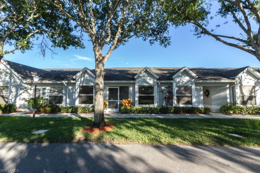 Fabulous location for this 2 bedroom, 2 bathrooms attached villa with high vaulted ceilings and lanai. Many upgrades including tile throughout, New AC in 2016, Both bathrooms renovated, hurricane shutters,  internet and cable wiring, newer water heater,  washer,dryer and refrigerator. and freshly painted. Bright southern exposure. A must see. Low HOA fees with nice amenities including tennis courts and heated pool and walking paths, carport, separate storage room and much more..... Close to shopping and beaches. This one will not last!