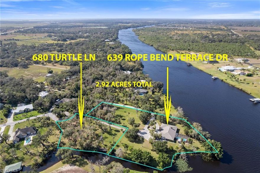 RARE: 50% WATERFRONT on 2 sides = Endless POTENTIAL! 2 Lots + 1 existing large rancher —- only 1 Price.  Escape to the charm of RURAL OLDE FLORIDA with this RARE, OVERSIZED INVESTMENT
opportunity on a TOTAL of 2.92 stunning RIVERFRONT & CANAL FRONT ACRES. Nestled on the Caloosahatchee River, this property boasts navigable water on TWO sides, offering unparalleled country river views and serene, peaceful living. *** Featuring TWO lots: 639 Rope Bend AND 680 Turtle Lane (MLS# 225001638). This combined property includes a BOAT RAMP, dock, AND the ADJOINING (.81 ACRES) TURTLE LANE LOT, offering nearly 3 ACRES OF WATERFRONT PROPERTY!!  Perfect for water enthusiasts, and is shaded by majestic live oak trees draped with breezy moss - creating a picturesque & peaceful setting for your dream estate. The existing home on the Rope Bend lot is just over 3,000 square feet and is a blank canvas awaiting your personal touch and creativity to
reimagine. Close your eyes and be transported to cool Florida evenings by the fireplace; with 3 sets of French doors open to your expansive pool deck with an abundant shaded area and large pool overlooking the breathtaking water on 2 sides.
This tranquil retreat  rewinds time to Olde Florida charm and solitude.  It’s more than a property - it’s a feeling that is worlds away from the hustle and bustle of day to day life, yet it’s conveniently located to several modern conveniences, including: just one minute from O’Reilly Auto Parts, three minutes from Walmart and Tractor Supply, and four minutes from Culver’s and Labelle Brewery. Only an easy 40 minutes from SWFL airport for snowbirds! Carve out a beach day on Sanibel Island or Fort Myers Beach - just an hour drive
away.
Whether you’re dreaming of a peaceful country escape, a place for horses, private parking for your RV and boats, or an INVESTMENT to SUBDIVIDE with endless potential to build out the Turtle Lane lot as a guest house or to sell off separately - - - this property delivers it all!  You will not find nearly 3 WATERFRONT acres with so much potential anywhere else in LaBelle on the active market. Don’t miss this extraordinary opportunity to create your perfect riverfront lifestyle!
