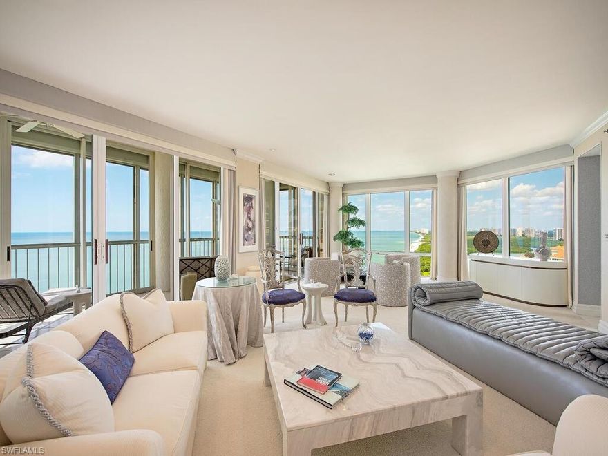 With limited Park Shore inventory, this is the unit you have been waiting for, a coveted 18th Floor, Le Parc corner 03 unit. Direct Beach front location with 3700+ SF 3+ Den and 4 full baths. You simply won’t believe the unobstructed Beach and Gulf views through floor to ceiling walls of glass from multiple rooms.  The great room is truly outstanding measuring 25 X 30 with floor to ceiling walls of glass opening to glass enclosed lanai. The spacious owner’s suite (15 X 21) also enjoys a direct Beach/Gulf view and opens to adjoining den/possible 4th bedroom. Le Parc is located at the quiet North end of Park Shore but still close to the shops and restaurants of Venetian Village.  Enjoy the many building amenities including amazing social room, fitness, tennis, billiards & card rooms & beachfront pool all shared by only 78 luxury units.  Steps to the beach and Gulf and the popular Park Shore Promenade. Le Parc owners also enjoy 24-hour staffed front desk and two guest suites. Pets welcomed with limits of 2 cats and one dog 25 lbs or less. Rare 10X9 in unit storage room. Boat slips available for lease or purchase at Venetian Bay North Yacht Club, only available to Park Shore residents.