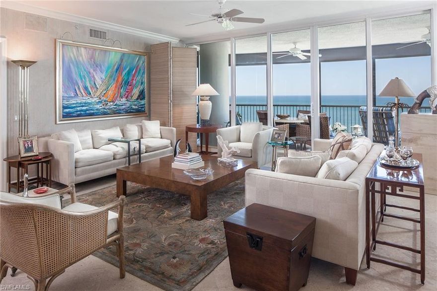 One of the finest addresses in Naples, Remington at Bay Colony Residence 904 offers some of the most outstanding views of the Gulf of Mexico, Upper Clam Bay and the Naples skyline. This two bedroom with easy three-bedroom conversion, three-bath corner location is nestled on the sand with the private Bay Colony Beach Club and Ritz Carlton Beach Resort as its neighbors. The versatile, open floor plan is a perfect setting for a sought-after transitional or soft contemporary look of today’s design. Special features include a private residential elevator, service elevator, rare shell-stone floors, wraparound windows and spacious screened balconies.  Exquisite renovation of the lobby and amenities level has just been completed; an artistic statement of contemporary elegance. Private Bay Colony Beach Club included. Golf membership available.