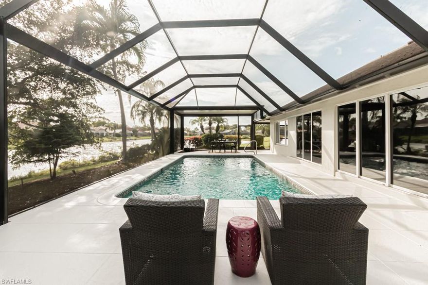 Here it is–your dream home in the highly sought after community of Longshore Lake. This gorgeous home features 3 ensuite bedrooms /3 full baths, dry bar, large lanai and pool with a coveted Southern Exposure and picture frame lanai screen. The master bedroom features a walk-in shower, dual sinks, soaking tub, large walk-in closet. The second bedroom opens to the screened-in lanai where you can find the gorgeous pool perfect for relaxing and enjoying the Naples sunshine. Additional features include brand new carpet in 2 guestrooms, tile floors throughout the main living area and master bedroom, high ceilings, a freshly-painted interior, and an oversized 2-car garage with plenty of storage. A stroll to your own backyard will take you to the 88-acre lake, where you can enjoy boating, kayaking, fishing etc. Longshore Lake is a highly sought-after gated community in North Naples featuring a clubhouse with a restaurant, bar, and outdoor dining, swimming pool, 9 Har Tru tennis courts with full time Pro, fitness room, and social activities. Located near shops, restaurants, and beaches, you do not want to miss out on this home!