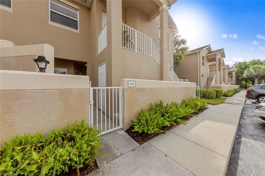 Welcome to Summerwind At Gateway. This is where you will find this most desirable first floor 2 bedroom plus den, 2 bath condo with a private gated entry courtyard with separate storage room. The floor plan boasts a tiled living and dining area that opens onto a screened lanai with fantastic views of the 6th fairway and green. The large open eat-in kitchen has granite tops, new double basin sink and custom faucet plus all appliances. The cozy den/office adds additional living space  The master bedroom suite has walk-in closet, and bath with dual sinks and step-in shower. The guest wing includes a bedroom and bath as well as a large laundry room with full sized washer and dryer. Freshly painted interior, lighting and fan upgrades and much more. Amenities include a community pool/spa, bike/jog path, many activity parks, a dog park, and neighborhood restaurants throughout the Gateway community. A variety of golf and social memberships are available at The Club At Gateway that features an 18 Hole Tom Fazio Championship Golf Course, and a spectacular newly renovated clubhouse facility. Great location near all Southwest Florida has to offer. Come take a look at this fine property.