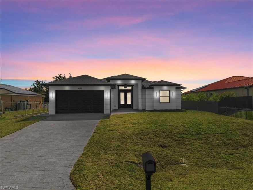 Modern New Construction Home in Lehigh Acres featuring 3 bedrooms + den, 2 bathrooms, and an open-concept great room layout. This concrete block home offers 1,881 sq ft of living area and over 2,600 sq ft under roof. Designed with split bedrooms for privacy, tray ceilings, a spacious kitchen with island and walk-in pantry, and impact-resistant windows and doors.

The primary suite includes dual sinks, a walk-in shower, and large walk-in closets. Tile flooring throughout main living areas, indoor laundry room, and 2-car garage.

Exterior upgrades include a paver driveway and a screened-in covered lanai with outdoor kitchen, perfect for entertaining. Plenty of room for a future pool.

Located in a non-gated area with no HOA fees, just seconds from Lee Blvd and Gunnery Rd for easy access to shopping, dining, and Fort Myers. Well and septic system. Move-in ready and ideal for primary residence or investment.