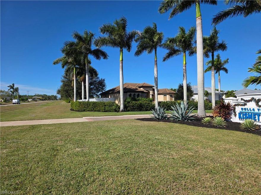 Located at 2406 Kismet Lakes Lane, Cape Coral, FL, this stunning four-bedroom, two-and-a-half bath residence sits on a half-acre lot within the exclusive Bella Vista at Kismet Lakes community-an intimate enclave of just 27 custom homes surrounded by two pristine lakes. Designed for both comfort and entertaining, the open-concept layout showcases a spacious great room with custom recessed ceilings, tile flooring throughout, and zero-corner disappearing glass doors that open seamlessly to the pool and patio, delivering a true Florida Indoor-Outdoor lifestyle. The chef's kitchen features granite countertops, a large island, stainless steel appliances, and a generous dining area ideal for gatherings. The primary suite is a private retreat with recessed ceilings, sliding glass doors to the pool, walk-in closets, and a spa-like bath offering double vanities, a custom-tiled walk-in shower, and a separate soaking tub. Enjoy spectacular lake views both the front and rear of the home, with a deep backyard extending to the waterline and a west-facing exposure that provides breathtaking sunset views over the lake. Bella Vista at Kismet Lakes offers underground utilities, fiber-optic cable, and is exempt from utility expansion, adding long-term value and peace of mind. Ideally located, this is just minutes from shopping, dining, and entertainment, with convenient access to Burnt Store Road, Pine Island Road, and downtown Cape Coral. Nearby boat ramps provide access to the Gulf of Mexico, while Fort Myers Beach, Sanibel, and Captiva are a short drive away. Top-rated schools, parks, and golf courses are also close by, making this an exceptional place to call home. Luxury lakefront living, privacy, and convenience-this is a rare opportunity in Cape Coral.
