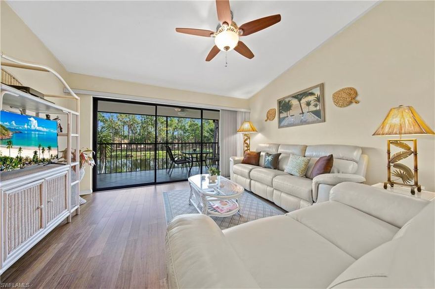 Make this beautiful, well-maintained condominium offering two bedrooms, two bath and flex space yours today! Enjoy serene water views from the living room and master bedroom. Vaulted ceilings in the living and dining area make for an open, bright rooms.  Lovely bamboo flooring in the dining and living area. The flex space is just off the kitchen and may be utilized as a breakfast nook, office, den, meditation area … make it your own space. Updated kitchen has neutral color cabinets and granite countertops and is equipped with stainless steel appliances. Newer AC and water-heater.
