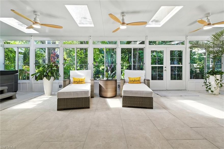 This one-of-a-kind home in Marsh Landing stands out with a $100,000+ custom sunroom that creates a true resort-style experience. The 3-bedroom, 2-bath home with a 2-car garage features an extended sunroom complete with skylights, a jacuzzi, upgraded lighting and fans, and tile flooring that flows seamlessly from the lanai. Surrounded by a lush, private backyard with no visible neighbors, this space is perfect for relaxing, entertaining, or adding a pool to complete your outdoor oasis.
The interior offers a bright, open split floor plan with vaulted ceilings and abundant natural light. Both living areas open directly to the sunroom and lanai, creating an easy indoor-outdoor flow. A formal dining area adds charm, while the kitchen is designed for both everyday living and entertaining, featuring stainless steel appliances, quartz countertops, a large walk-in pantry, ample cabinetry, and a breakfast bar that opens to a flexible family or game room.
The primary suite is a private retreat with direct sunroom access, an oversized walk-in closet, and a spa-style bathroom with dual sinks, a walk-in shower, soaking tub, and upgraded finishes. Guest bedrooms are located on the opposite side of the home for privacy and include walk-in closets and updated bathrooms with modern tile and fixtures.
Additional features include plantation shutters throughout, remote-controlled fans and lighting, fresh interior paint, and newer major systems including the roof, air conditioner, and water heater. The home is truly move-in ready.
Located in the gated community of Marsh Landing, residents enjoy low HOA fees, resort-style amenities, and no flood zone designation. Conveniently close to Coconut Point, RSW Airport, shopping, dining, and Gulf beaches, this home offers a rare combination of comfort, privacy, and lifestyle. Unique, upgraded, and turnkey—this is a standout opportunity in Marsh Landing.