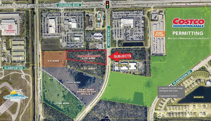 CI zoning is suitable for a variety of commercial uses including but not limited to self storage, car dealership, auto repair, gas station, car wash, hotel, motel, inn, extended stay facility, warehousing or distribution center, as well as 40 units/acre multifamily or 40 residential units/acre, subject to Port Authority restrictions. Ideal location offering frontage on Metro Parkway, just south of the Colonial Boulevard intersection across from CarMax and future Costco (in permitting) and quick and easy access to all major corridors. This area is experiencing explosive residential and commercial growth with many single-family and apartment developments just moments away. High retail concentration area with a mix of top national brands offering shopping, dining and entertainment venues.