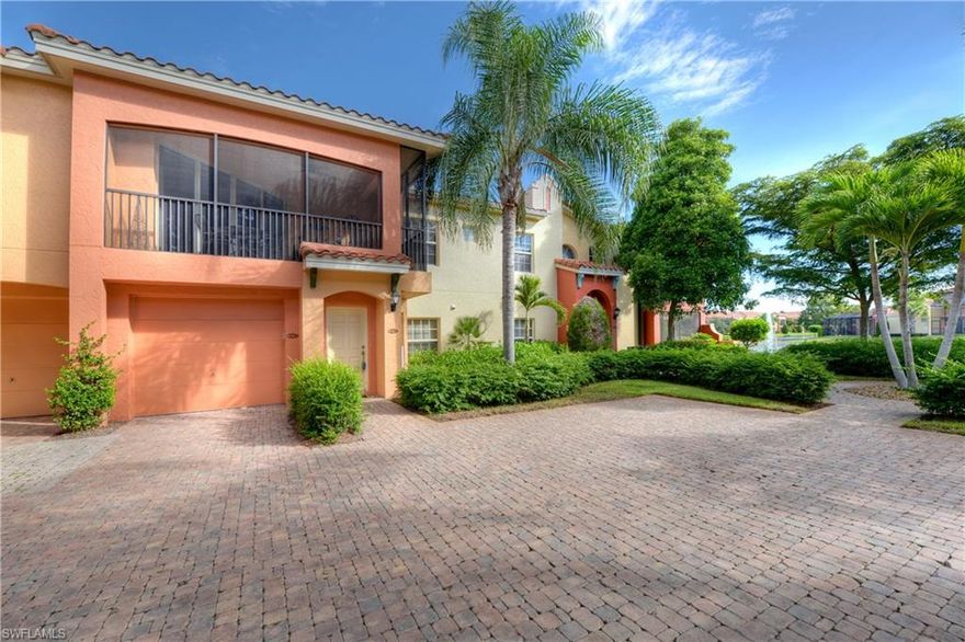 This pristine model-like second-floor coach home is unique and tasteful, and offers a split-bedroom floor plan that creates an impression of pure spaciousness. Two bedrooms plus a den complete the living areas with plenty of privacy. Aside from the vast 10-foot ceilings, there are desirable upgrades that include all new stainless steel kitchen appliances, new granite counter tops and a new marble backsplash, plus an abundance of counter space and large cabinets. The view from this unit is among the best in the community, overlooking the lake and fountain beyond. This unit is being offered turnkey for an additional cost and is move-in ready. Rapallo is a resort lifestyle active living community. A short walk from this condo and you’ll arrive at the clubhouse with catering kitchen, library, fitness center with full-time fitness & activity director, yoga studio, Bocce ball courts, walking/jogging paths, two beautiful lagoon pools with waterfalls, screened-in Olympic lap pool, spa, sauna and 5 Har-Tru tennis courts with a tennis pro. Coconut Point Mall is within walking/biking distance, is surrounded by several acres of lakes with a boardwalk, & offers restaurants, shopping & theater.