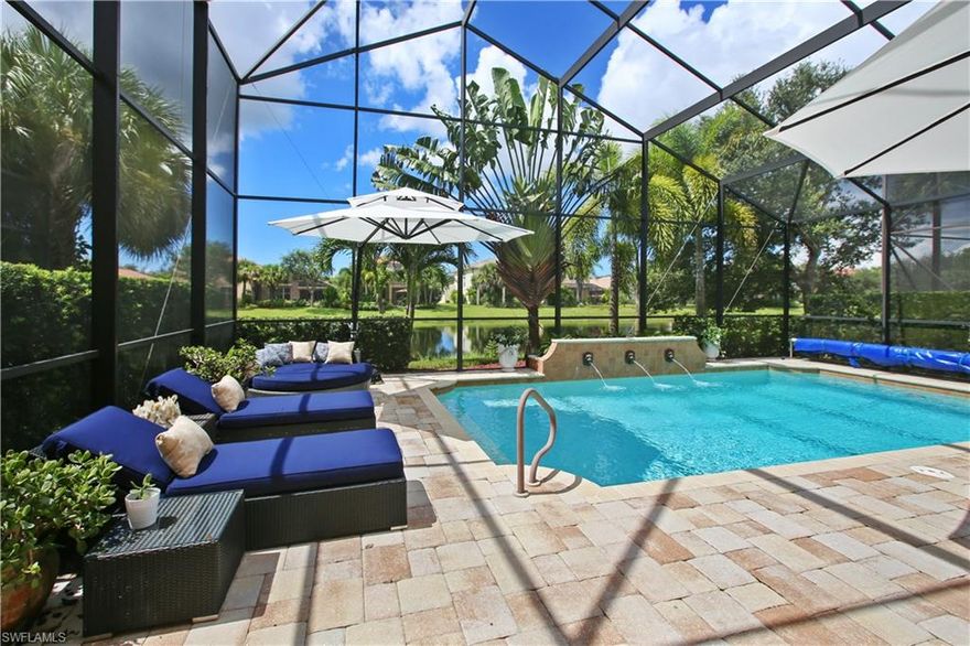 H.11071 This popular Ibis model has 3 bedrooms plus den with 3 full baths, the den can easily be converted to a 4th bedroom. Upstairs has a large bonus room and storage closet. The spacious great room with hardwood floors and soaring ceilings opens to the pool. The home has lots of beautiful custom wood work and the pool is
surrounded by lush landscaping with a view of the lake. This gracious home is perfect for entertaining in style with family and friends. The first floor master suite has coffered ceilings and 2 walk-in closets. Conveniently located near I-75, just miles from a sandy beach. The resort style clubhouse and facilities includes: a resort style pools, Lap pool, Fitness center, four tennis courts, a basketball court and a lot more. FREE 12 month 2-10 Supreme Warranty.