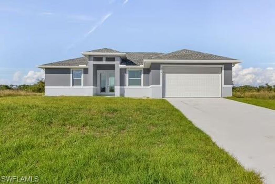 This new construction home offers 3 bedrooms with a Den and 2 bathrooms with tile flooring throughout, impact-resistant doors and windows, 8-foot interior doors, and 9-foot 4-inch ceilings. The kitchen features stainless steel appliances, level-2 granite countertops, a large island, and soft-close cabinets. The primary suite includes his and hers walk-in closets, a walk-in shower, and double sinks. Additional features include an automatic garage door opener, ceiling fans in the bedrooms and great room, a laundry room with sink, an irrigation system, front gutters, and a large lanai under trusses. The fourth bedroom doubles as a spacious home office.