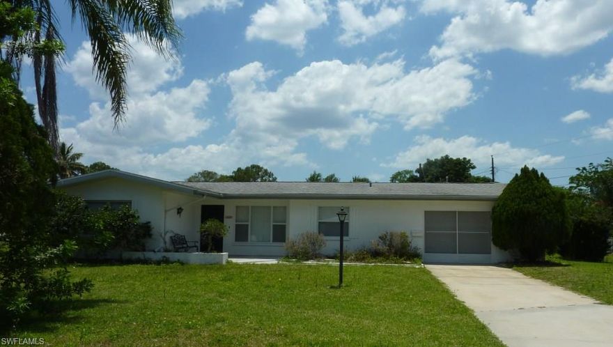 Great Location in south Fort Myers – Villas.   Bright 2 bedroom 2 bath home with den, single car garage.  Spacious 1330 square feet under air.  Terrazzo kitchen floor.   Large corner lot, with mature landscaping.  Screened Lanai.   Sprinkler system on well.   Front door and two front windows recently replaced.   This home has been well maintained, has loads of potential and is ready for your personal touch.   Call today for appointment to view.