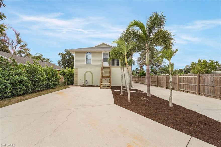 Multiple offer situation, highest and best due by 11/24 7pm est. The most desirable property minutes from downtown Bonita Springs, Barefoot Beach, and Coconut Point is now available. You can enjoy the western exposure with beautiful sunsets every evening from your second-floor deck or while you’re eating your dinner in the screened in lanai. Located within 1/2 mile of Riverside Park, this property has been completely remodeled, with stainless steel appliances, calacatta marble island, and an addition of an entirely separate guest house on the first floor (2/1), making it one of the most unique properties available complete with 1969 sq ft, 4 bedrooms, den, and 3 total baths. Enjoy the privacy offered by the 10-foot hedges, fencing, and a gated driveway. Outdoor living area with brick pavered patio, pergola with string lights, and synthetic turf dog run. And with over 3500 sq ft of driveway, and an oversized single car garage,  there is plenty of room for all of your vehicles and toys. Roof was replaced in 2018, and both AC units are new. Property is located in Flood Zone X meaning Flood Insurance is not required. The guest house is under lease until 2/28/21 at $1350/month.