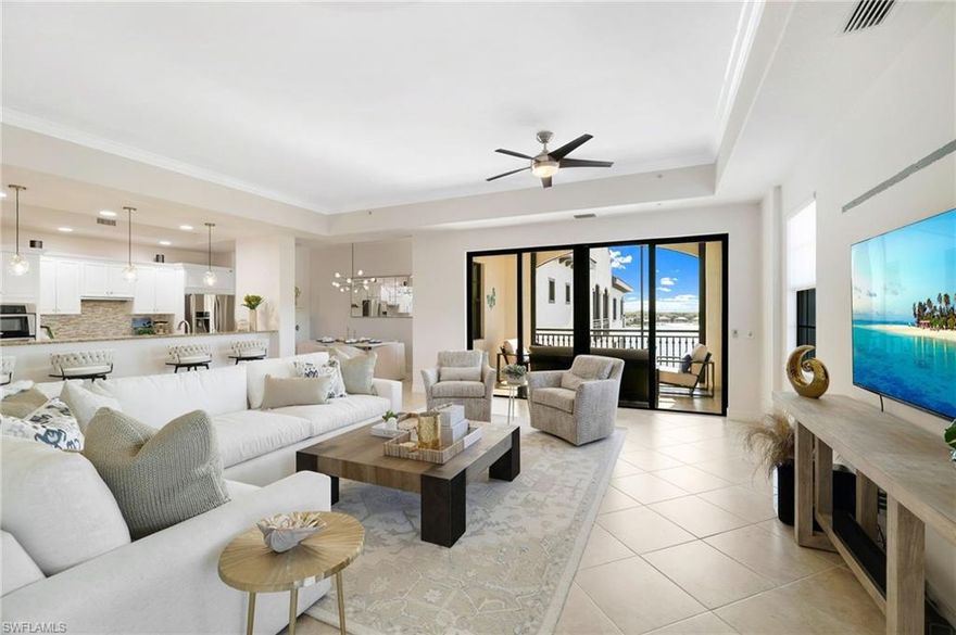 Perched on the 6th floor in the prestigious Mirasol neighborhood, this exceptional corner penthouse captures breathtaking lake, beach, and sunset views while offering one of the most expansive outdoor living experiences in the community. With the largest lanai footprint in Mirasol, two oversized outdoor spaces seamlessly connect nearly every room to the outdoors, creating a true indoor outdoor coastal lifestyle. Electric Storm Smart hurricane screens provide comfort, protection, and uninterrupted views at the touch of a button.

The open concept floor plan is thoughtfully designed for relaxed luxury, featuring three bedrooms and three full baths. A spacious guest suite comfortably accommodates two queen beds with its own en suite bath, while the primary suite is a private retreat with terrace access, custom walk in closets, and a spa inspired bath with dual vanities, soaking tub, and walk in shower. The light filled living and dining areas frame tranquil water views and overlook the white sand beach, making every moment feel connected to the natural beauty that defines Miromar Lakes.

Recent enhancements include updated lighting, a new water heater, whole home water softener, and reverse osmosis system, adding comfort and peace of mind to this beautifully maintained residence.

Mirasol residents enjoy exclusive amenities including a private pool, spas, grilling areas, and shaded cabanas. Just steps away, a leisurely walk along the beach leads to the heart of Miromar Lakes Beach & Golf Club, where world class amenities await. Enjoy three miles of private white sand beach, a stunning 10,000 square foot infinity pool, waterfront dining, a full service European style spa, fitness center, tennis and pickleball courts, boating, water skiing, and a vibrant year round social calendar.

This rare corner penthouse offers an unmatched combination of panoramic views, exceptional outdoor living, and walkable access to Miromar Lakes’ most celebrated amenities, delivering a lifestyle defined by beauty, ease, and unforgettable surroundings.