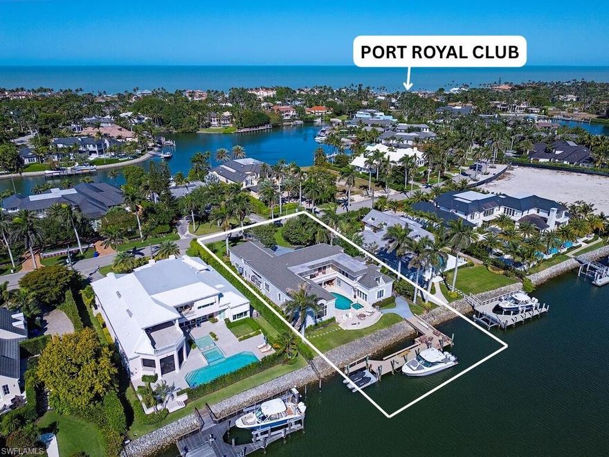 This represents the absolute BEST VALUE for a deep-water yacht basin property in all of Port Royal and is conveniently located within walking distance to the up-and-coming Port Royal Beach Club and tennis / fitness center, all the while backdropped against the glistening water views of Naples' most esteemed waterways.  Priced at lot value, the property presents an exciting building opportunity for those with a vision as it encompasses approximately 20,144 sq. ft. of area, over 100 ft. of water frontage, and direct, no bridge access to the Gulf of America through Gordon Pass.  Currently presiding on the parcel is a charming older home, being sold as-is, that would make an ideal renovation candidate, if one so desires, as it exceeds current FEMA elevation requirements; renovation plans on file.  Eligible for Port Royal Resident Membership.