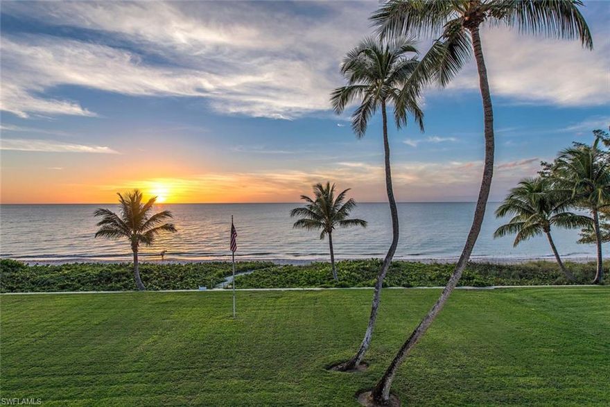 H.10490 - This exquisite Southern-Colonial estate sits on an iconic Gordon Drive site comprising 2.53 acres, approximately 150 feet of wide sandy beachfront and offers captivating Gulf of Mexico vistas.  The main house includes 3 bedrooms + study and sprawls across 6,209 Sq.ft. of living area with timeless style and casual elegance.  From the minute you enter this estate through the magnificent central hallway you will be entranced by the Gulf views and beautiful floating wood staircase.  Features include wood and marble flooring, fan windows, intricately carved marble and stone gas fireplaces, beautiful custom millwork and much more.  The expansive master suite boasts a marble and stone gas fireplace, large sitting area, 30’ x 36’ balcony, large Walk-in-Closet and beautiful Calcutta marble floored master bath.  One can sit back and enjoy the sparkling Gulf of Mexico waters from the 94-foot terrace or balcony upstairs.  Property includes two guest houses near the front of the estate site.  Eligible for membership to the exclusive Port Royal Club.