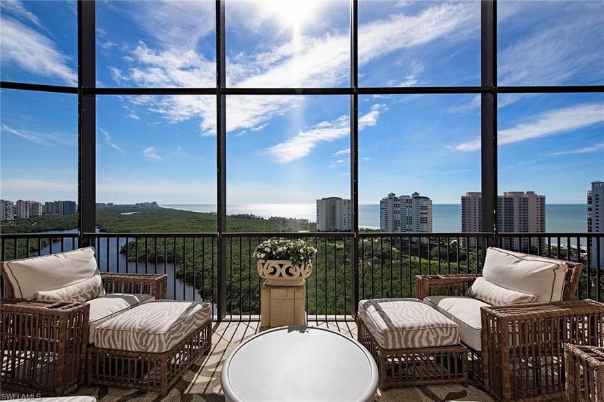 Experience endless sweeping views looking down Upper Clam Bay and out to the Gulf of Mexico. This southwest corner, two-story penthouse lives like a home featuring five bedrooms, five full plus one-half baths, formal dining and family room with over 5,000 square feet of luxurious living finished in a pleasing neutral palette. As you enter through the private elevator to your Grand Salon with 20’ custom ceilings, fireplace, wine cellar and a wall of glass you are seeing only the beginning of what awaits you throughout this residence. The Chef’s kitchen includes a Butler’s Pantry and opens to the family room and breakfast area leading to the oversized screened lanai making it perfect for entertaining. This residence has its own private two-car garage with air-conditioned storage. The Salerno has wonderful amenities and is located in the heart of Bay Colony and is just minutes to the private beach and Tennis Clubs.