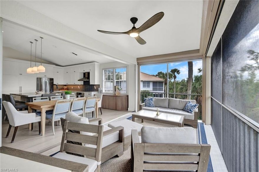 Experience refined coastal living in the prestigious community of Bonita Bay with this BEAUTIFULLY RENOVATED upper-level residence offering 3 bedrooms + den and 3 full baths, framed by tranquil preserve views and thoughtfully designed upgrades throughout. From the moment you enter, you’ll appreciate the bright, modern aesthetic featuring tile, wood-style flooring throughout, plantation shutters, and crisp white soft-close cabinetry that brings a clean coastal feel! Designed for effortless indoor-outdoor living, the home’s great room flows seamlessly to the screened lanai, making it a true extension of the main living space—perfect for relaxing, entertaining, and enjoying the peaceful preserve backdrop year-round. Added peace of mind comes with Storm Smart hurricane screens (2022), allowing you to comfortably enjoy this space all year long. The heart of the home is the stunning chef’s kitchen—ideal for gatherings and everyday living—complete with a large center island with wrap-around cabinetry, a built in wine cooler, and floor-to-ceiling cabinetry for exceptional storage. A premium Bosch appliance package, including refrigerator, microwave, oven, cooktop, microwave, and dishwasher, complete this beautifully appointed space. The spacious primary suite is a private retreat with direct access to the lanai, enhancing the home’s indoor-outdoor lifestyle. The spa-inspired primary bath features dual sinks and a walk-in shower. Guests will feel right at home in the inviting guest bedroom, enhanced by a custom wall accent and a private en-suite bath with a walk-in shower. Throughout the home, custom closets provide effortless organization and a polished finish. The versatile den is elevated by barn-style sliding doors and a custom floating media cabinet—a statement feature that blends style and function. Additional recent improvements include a new air-conditioning system (2022), enhancing both comfort and efficiency. Set within one of Southwest Florida’s most desirable communities, this exceptional residence delivers the perfect blend of luxury, privacy, and lifestyle. Bonita Bay offers an array of exceptional amenities, including a BRAND NEW private beach club, kayaking, canoeing, pickleball, tennis, and multiple community parks. Explore over 12 miles of walking and biking paths, or take advantage of the full-service marina and restaurant. Golf enthusiasts will appreciate the FIVE on-site courses, complemented by several dining options, a state-of-the-art fitness center, and more--all available with club membership (additional fees apply). Located just a short drive from world-class dining, shopping, beaches, and nature preserves, you'll also enjoy easy access to the burgeoning downtown Bonita Springs and downtown Naples. Plus, RSW International Airport is conveniently nearby! Don't miss out on this exceptional opportunity.