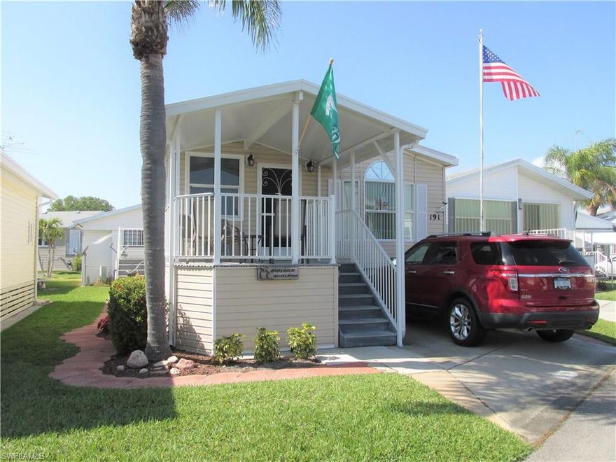 Nice one bedroom, one bath high rise in Palmetto Palms. Located on a double wide street, this home has an inviting front porch. You own your land here, and are between Ft Myers Beach and Sanibel. The home as an open floor plan, and the ceilings are high. In addition to the master bedroom, there is an office/ guest area in the rear behind the living room. The kitchen features lots of cabinets and counter space. From your kitchen, you can easily talk to your family or guests while you get dinner ready.  This is a very active, fun filled adult park with pools, tennis, volleyball, and lots more. The community is entirely fenced and gated.  Close to Sanibel, Fort Myers Beach, Bunche Beach, shopping and hospitals with lots of bike trails to get to those destinations.  Quarterly fees in Palmetto Palms increase to $375 on July 1, 2018.