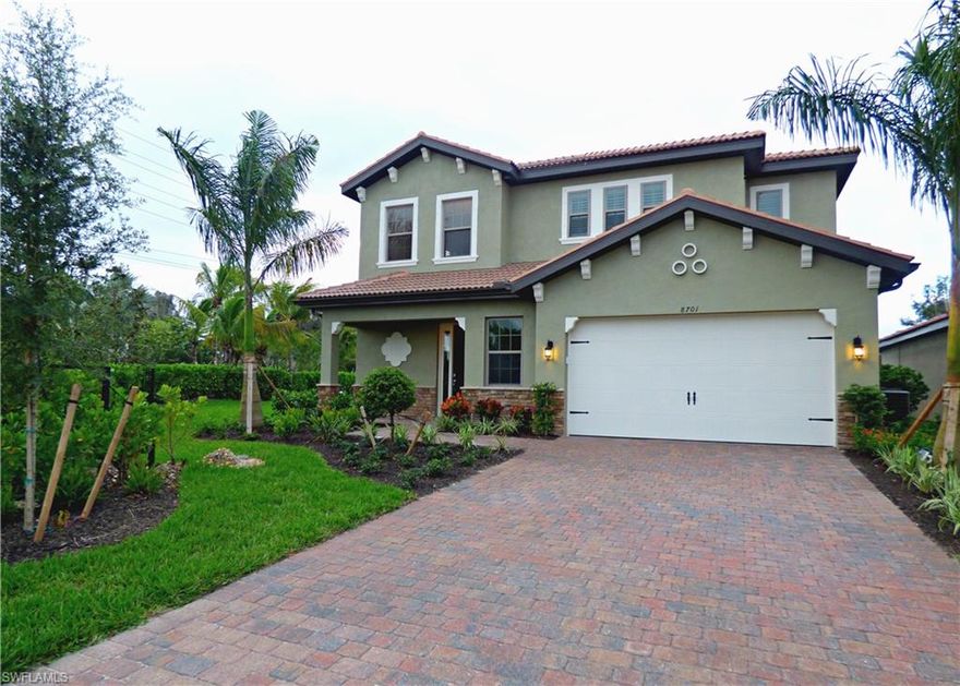 New home construction in this corridor of South Fort Myers near Sanibel Island and Fort Myers Beach is a rare find, especially a luxury home of this size and price point!  This beautiful home has the master suite and living area on the first floor.  The second floor boasts four spacious secondary bedrooms as well as a loft. The gourmet kitchen offers 42” upper cabinets with under cabinet lighting, granite countertops, stainless steel appliances, a glass and stone mosaic tile backsplash, and a walk-in pantry.  For storage, you’ll find plenty in the oversized 2-car garage with a finished epoxy floor.  Lovely covered lanai area for your extended outdoor living/entertaining.  Brick paver driveway and lanai.  Located on a corner homesite with a preserve view, Southern exposure, a great floorplan and a true neighborhood feel, this is an exceptional home! Westwood Place offers privacy and a small, traditional neighborhood appeal with just 28 homes.  This new, gated community is in a prime location near it all – shopping, dining, entertainment, Health Park Medical Center and the gorgeous beaches of Sanibel Island and Fort Myers Beach.