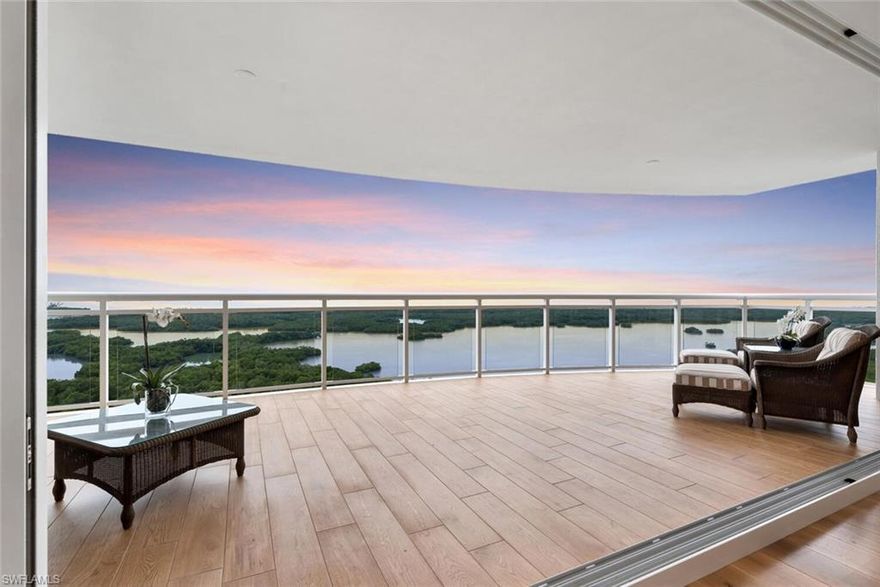 Live the serenity and understated elegance of Kalea Bay: A Naples 5-star, luxury-designed, pet-friendly waterfront resort community. Opportunity awaits with this rare Tower 200, 2020 build 17th-floor end unit offering endless unobstructed Gulf and bay views; furnishings negotiable, available for occupancy this season. Private elevator foyer reveals a great room with a waterfall quartz island and an open kitchen leading to a generous butler's pantry. The open and elegant floor plan spaciously flows from room to room, featuring floor-to-ceiling impact-resistant glass windows and sliding doors that open to a 21-foot open air sunset terrace with glass railings, plus a second sunrise terrace. Custom upgrade and interior design package include Wolf and Sub-Zero appliances, wine bar, natural gas, Legno Bastone wood floors, custom built-in cabinetry and closets, quartz countertops, generous laundry room, plus under building garage spaces and more. Experience the Tower 200 rooftop pool and sky lounge, plus 3 club pools, indoor/outdoor bistro, restaurant and bar, state-of-the-art fitness centers, tennis/pickleball, 12 guest suites, all within the privacy and luxury of your own designer home.